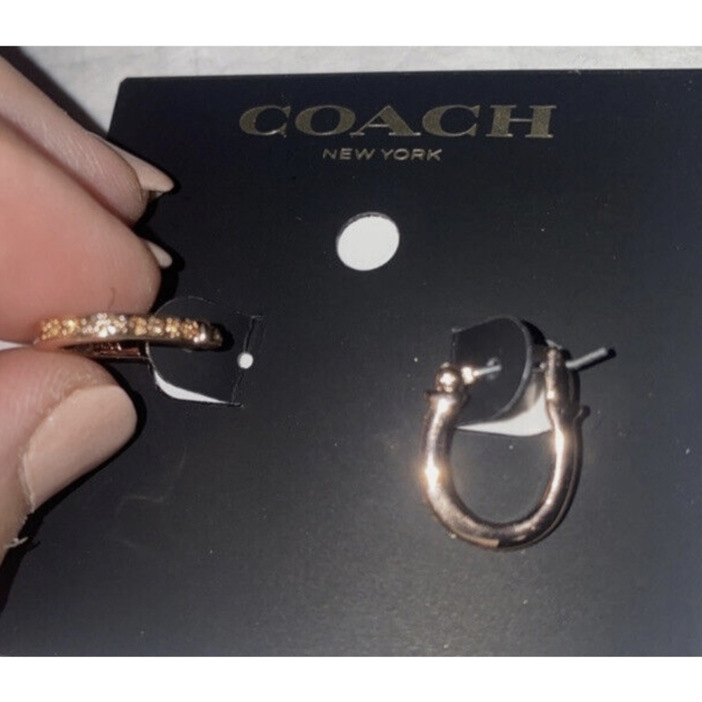 NWT $85 MSRP Coach Pave Signature Huggie Earrings Rose Gold Hinged Back Closure - Picture 2 of 3